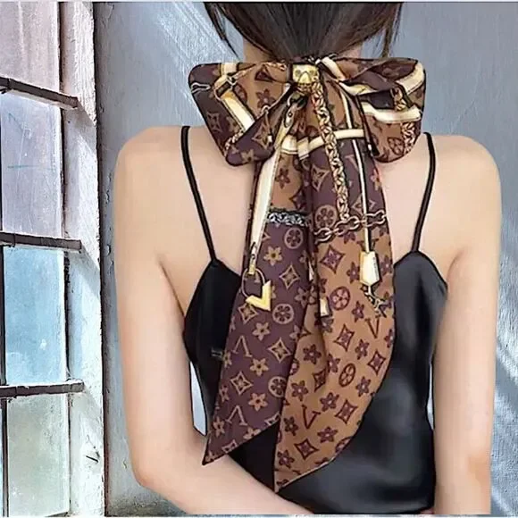 SCARF BANDEAU RIBBON TIE TWILLY HAIR ACCESSORY HEADBAND BROWN FLOWERS - Picture 2 of 2